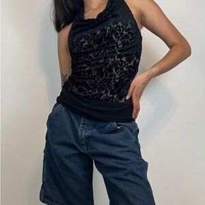 White House Black market black velvet dressy holiday party halter top Size small